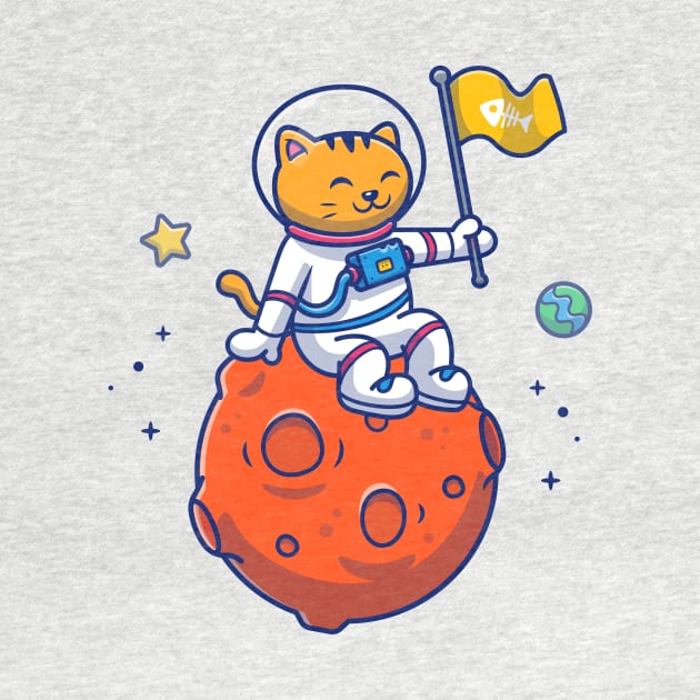 Cute Cat Astronaut Sitting On Moon With Flag Cartoon by Catalyst Labs